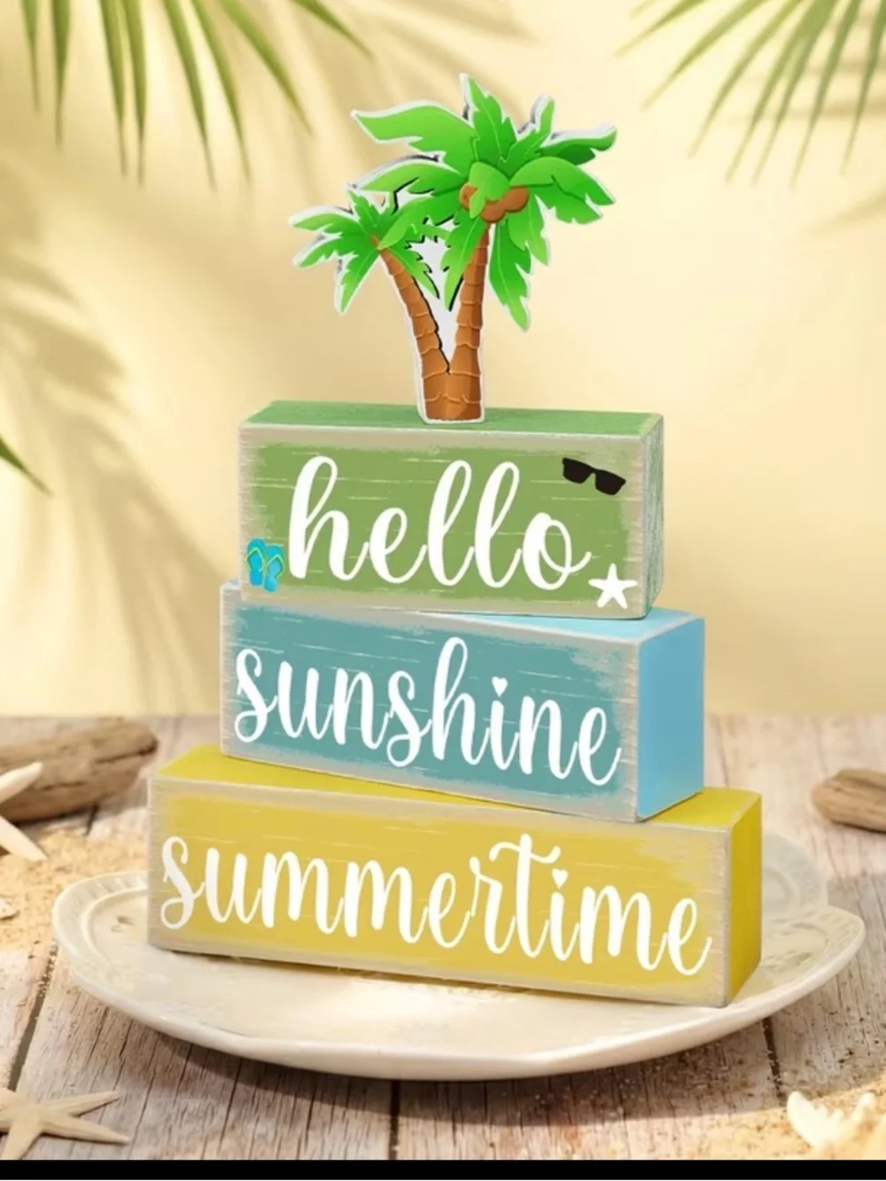 Hello Sunshine Summertime Decorative Wooden Stack - Green/Blue/Yellow
